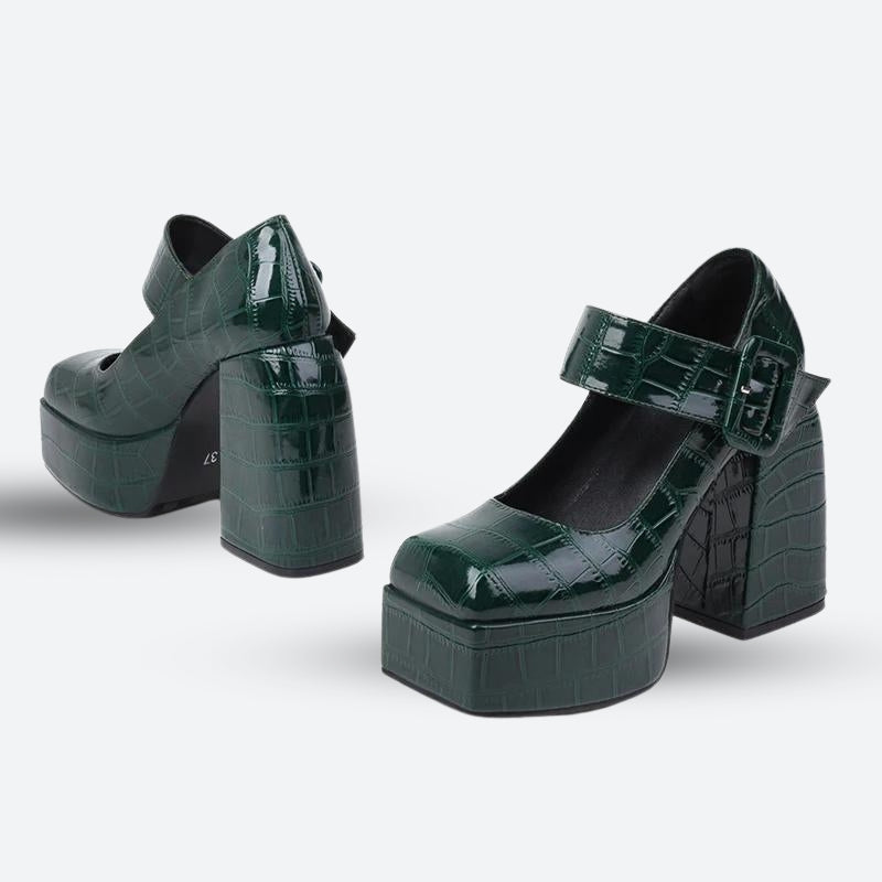 Y2K Retro Crocodile Square Toe Platform High Heels - Perfect for 90s and Grunge Outfits
