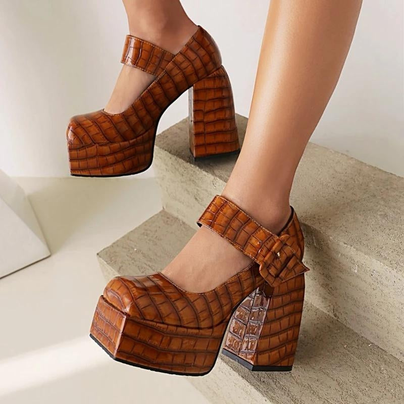 Y2K Retro Crocodile Square Toe Platform High Heels - Perfect for 90s and Grunge Outfits