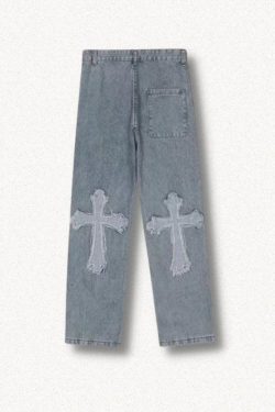 Y2K Retro Cross Patchwork Baggy Jeans - Perfect for 90s and Grunge Outfits