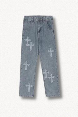 Y2K Retro Cross Patchwork Baggy Jeans - Perfect for 90s and Grunge Outfits