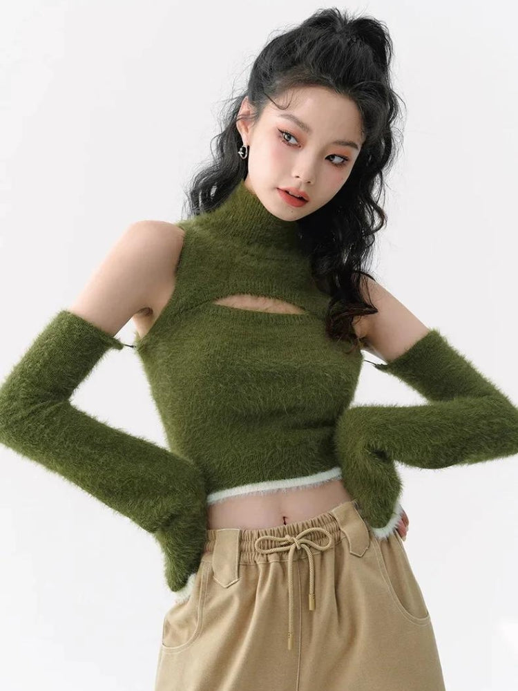Y2K Retro Cut Out Fluffy Crop Sweater Top - Perfect for 90s and Grunge Outfits