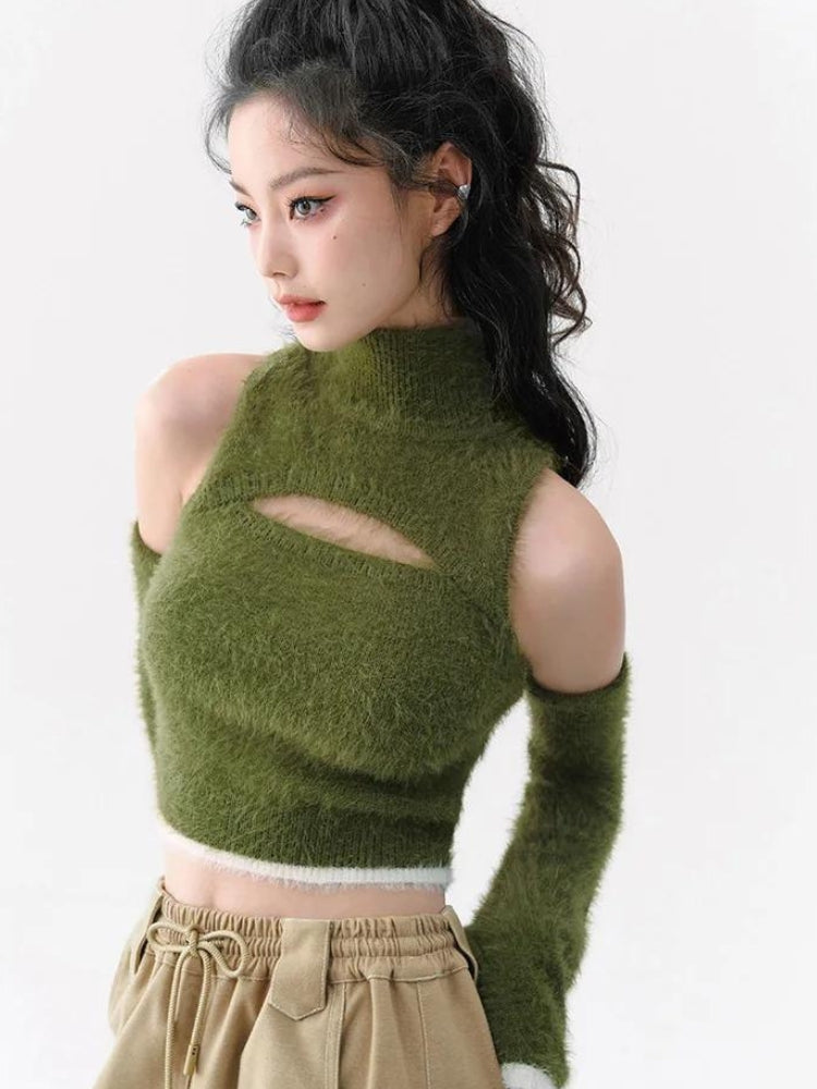 Y2K Retro Cut Out Fluffy Crop Sweater Top - Perfect for 90s and Grunge Outfits