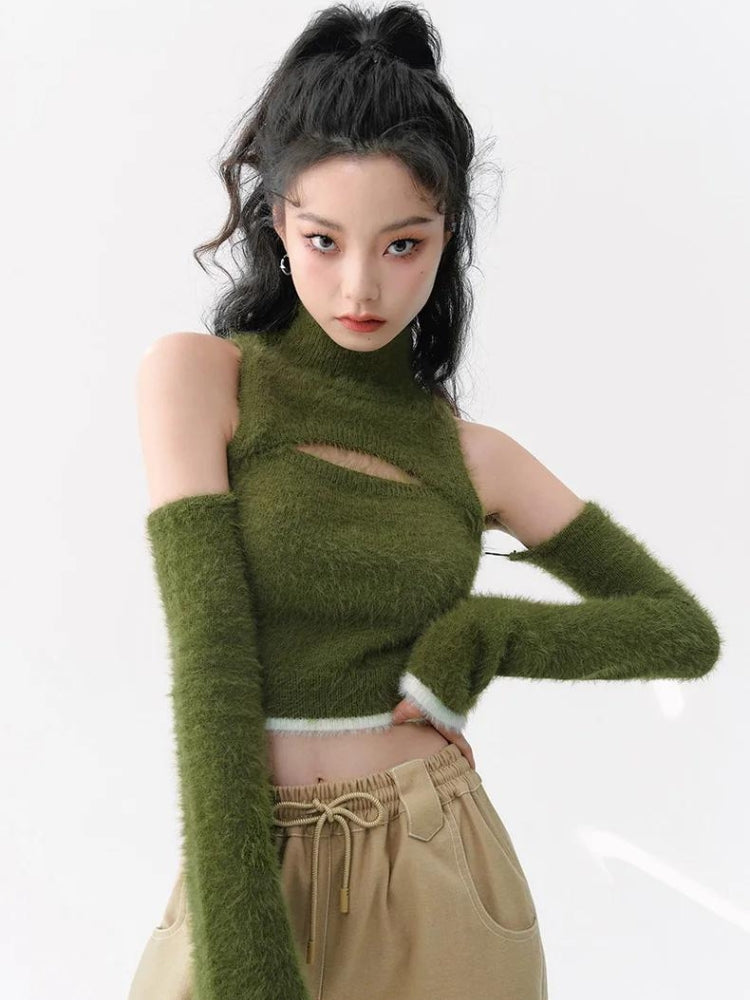 Y2K Retro Cut Out Fluffy Crop Sweater Top - Perfect for 90s and Grunge Outfits