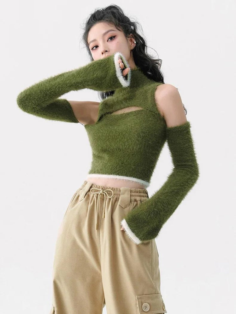 Y2K Retro Cut Out Fluffy Crop Sweater Top - Perfect for 90s and Grunge Outfits
