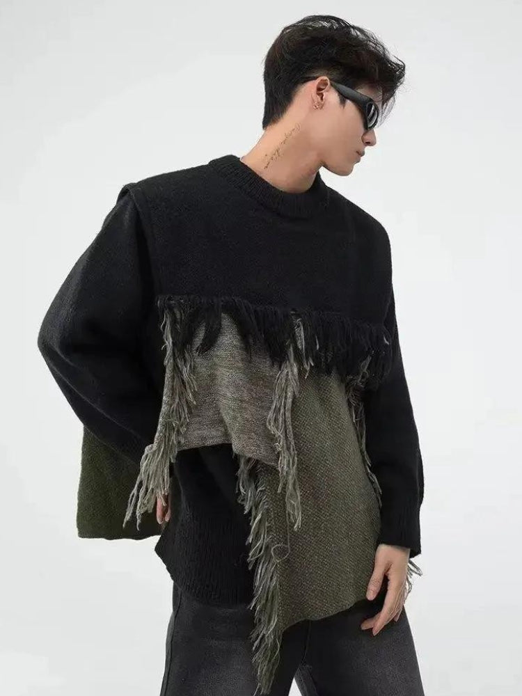 Y2K Retro Fringe Patchwork Knitted Sweater - Perfect for 90s and Grunge Outfits
