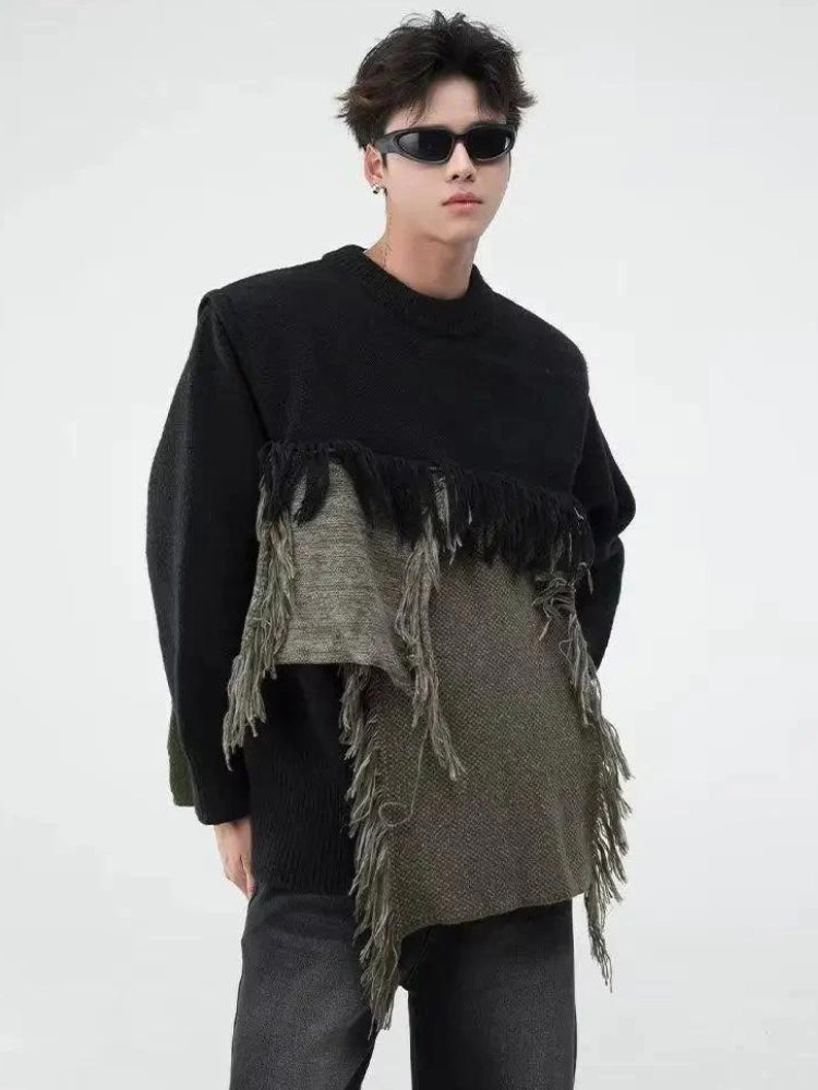 Y2K Retro Fringe Patchwork Knitted Sweater - Perfect for 90s and Grunge Outfits