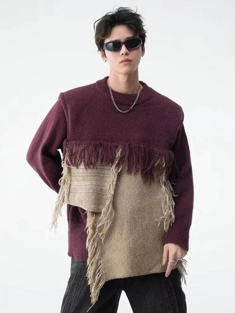 Y2K Retro Fringe Patchwork Knitted Sweater - Perfect for 90s and Grunge Outfits