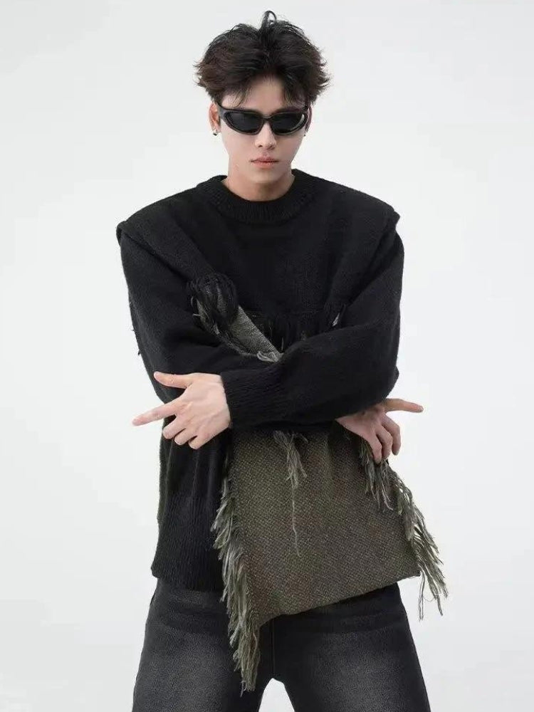 Y2K Retro Fringe Patchwork Knitted Sweater - Perfect for 90s and Grunge Outfits