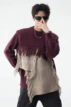 Y2K Retro Fringe Patchwork Knitted Sweater - Perfect for 90s and Grunge Outfits