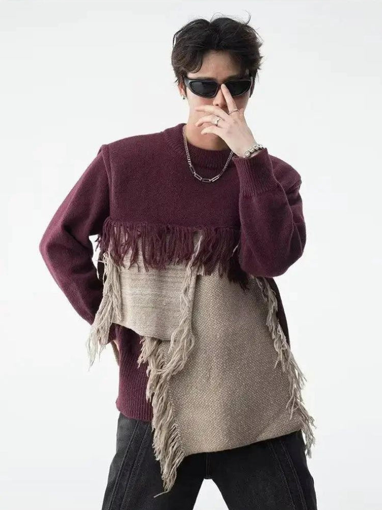 Y2K Retro Fringe Patchwork Knitted Sweater - Perfect for 90s and Grunge Outfits