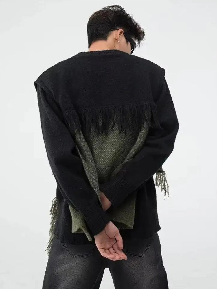 Y2K Retro Fringe Patchwork Knitted Sweater - Perfect for 90s and Grunge Outfits