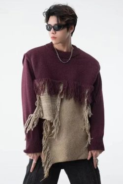 Y2K Retro Fringe Patchwork Knitted Sweater - Perfect for 90s and Grunge Outfits