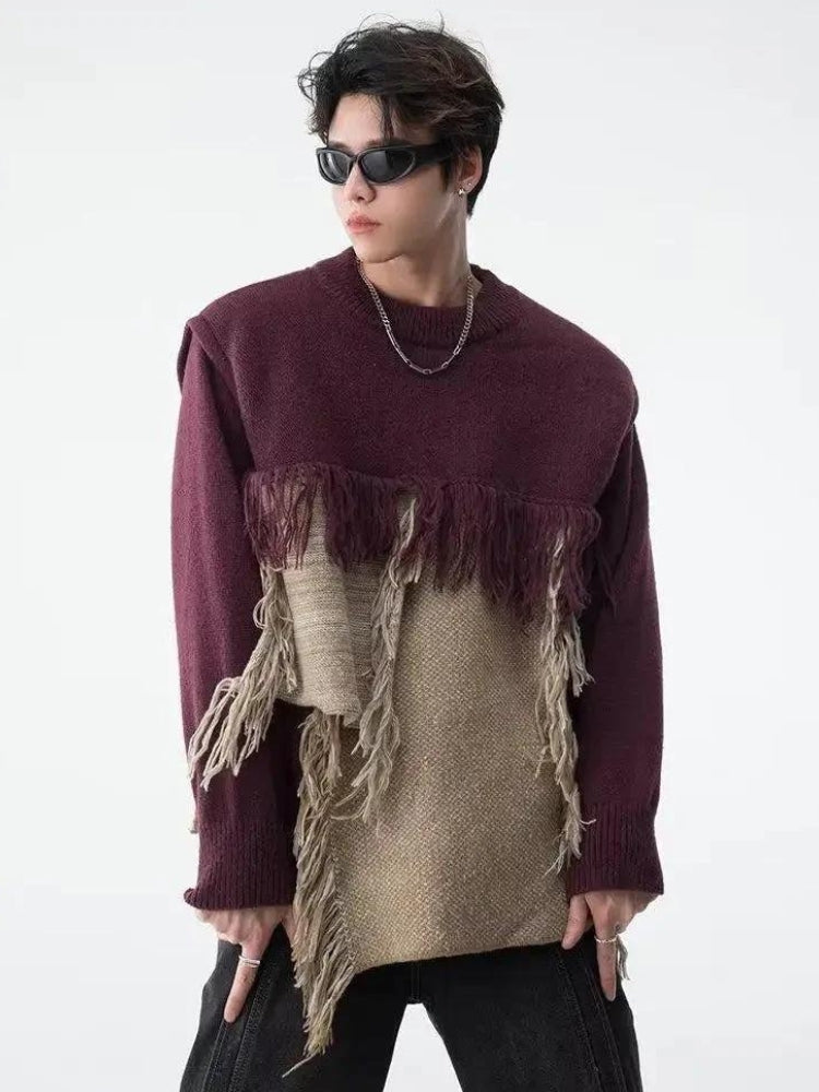 Y2K Retro Fringe Patchwork Knitted Sweater - Perfect for 90s and Grunge Outfits