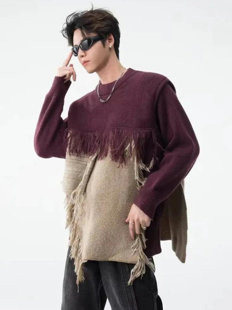 Y2K Retro Fringe Patchwork Knitted Sweater - Perfect for 90s and Grunge Outfits