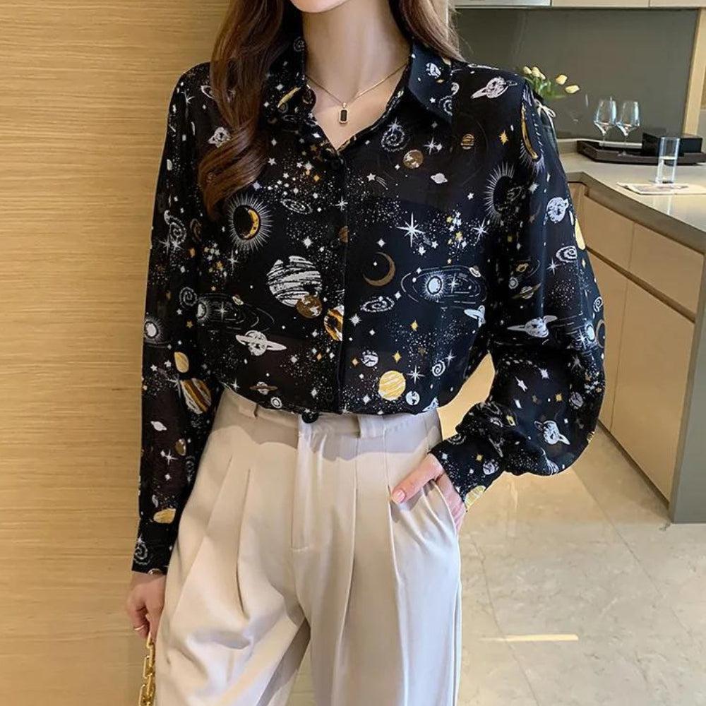 Y2K Retro Galaxy Chiffon Shirt - Perfect for 90s and Y2K Summer Outfits