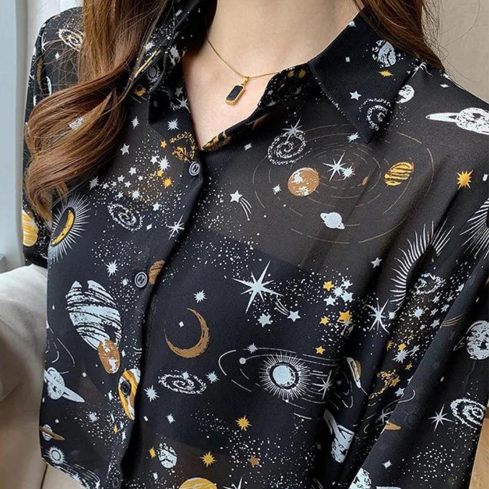 Y2K Retro Galaxy Chiffon Shirt - Perfect for 90s and Y2K Summer Outfits