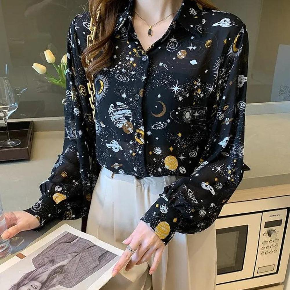 Y2K Retro Galaxy Chiffon Shirt - Perfect for 90s and Y2K Summer Outfits