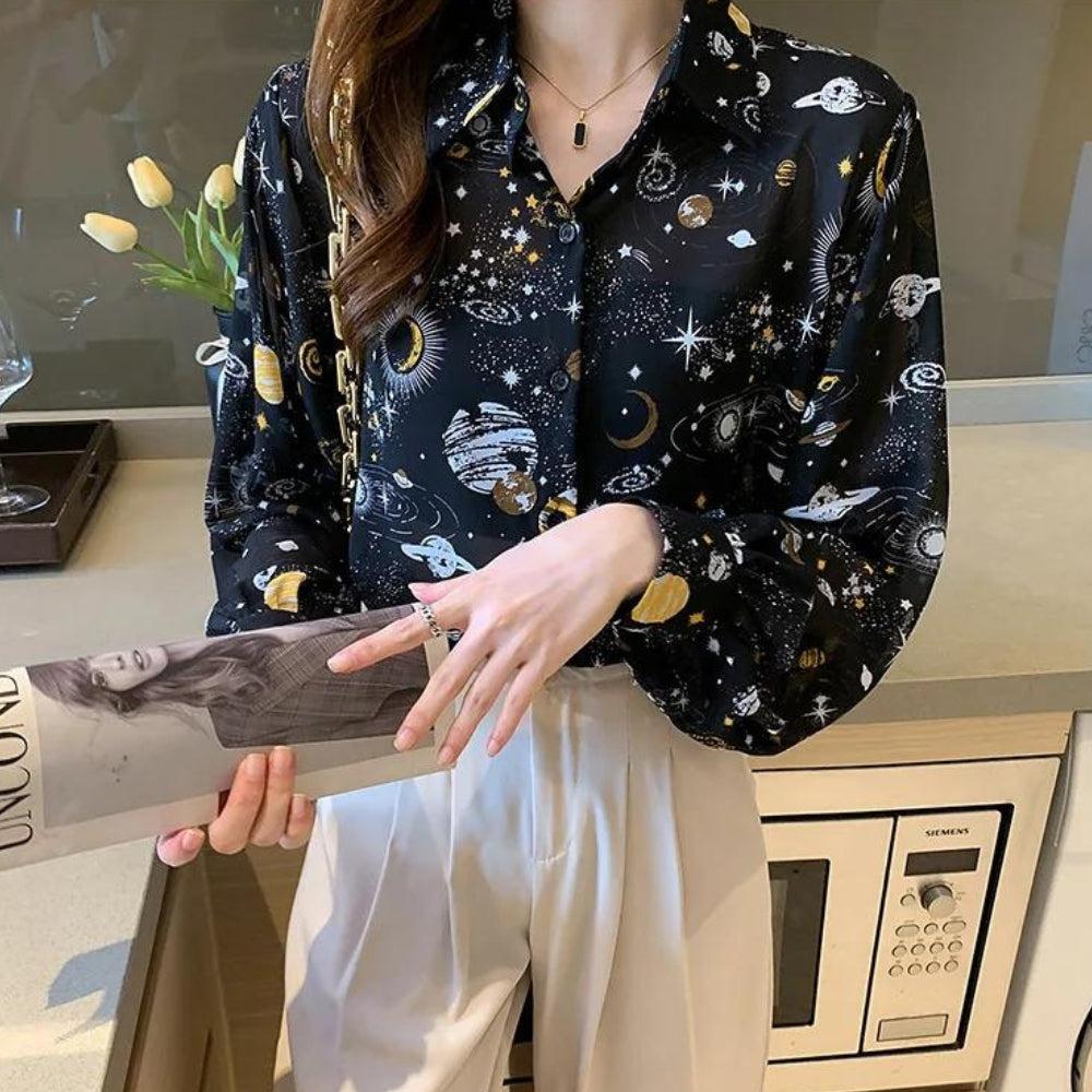 Y2K Retro Galaxy Chiffon Shirt - Perfect for 90s and Y2K Summer Outfits