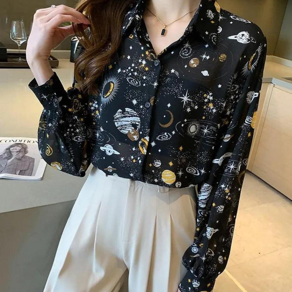 Y2K Retro Galaxy Chiffon Shirt - Perfect for 90s and Y2K Summer Outfits