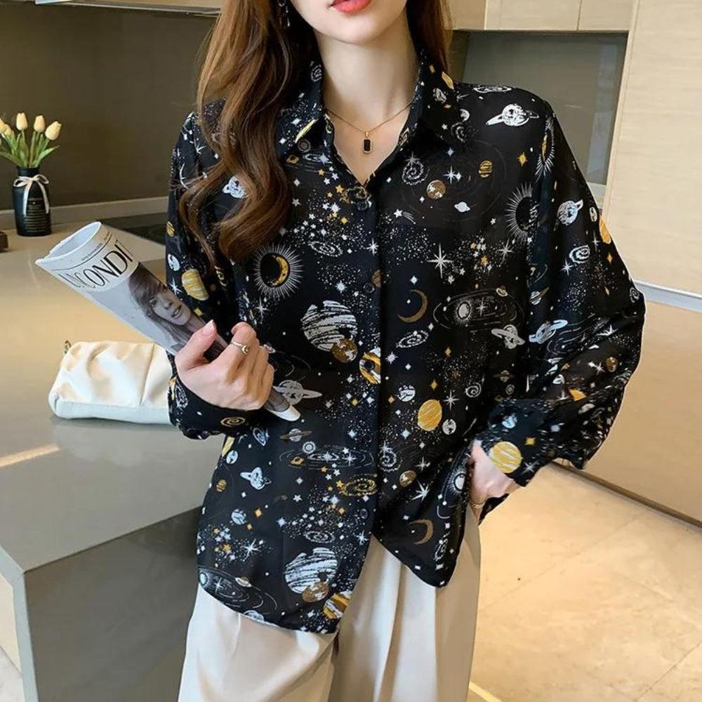 Y2K Retro Galaxy Chiffon Shirt - Perfect for 90s and Y2K Summer Outfits