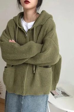 Y2K Retro Oversized Knitted Hooded Cardigan - Perfect for Grunge and 90s Fashion Outfits