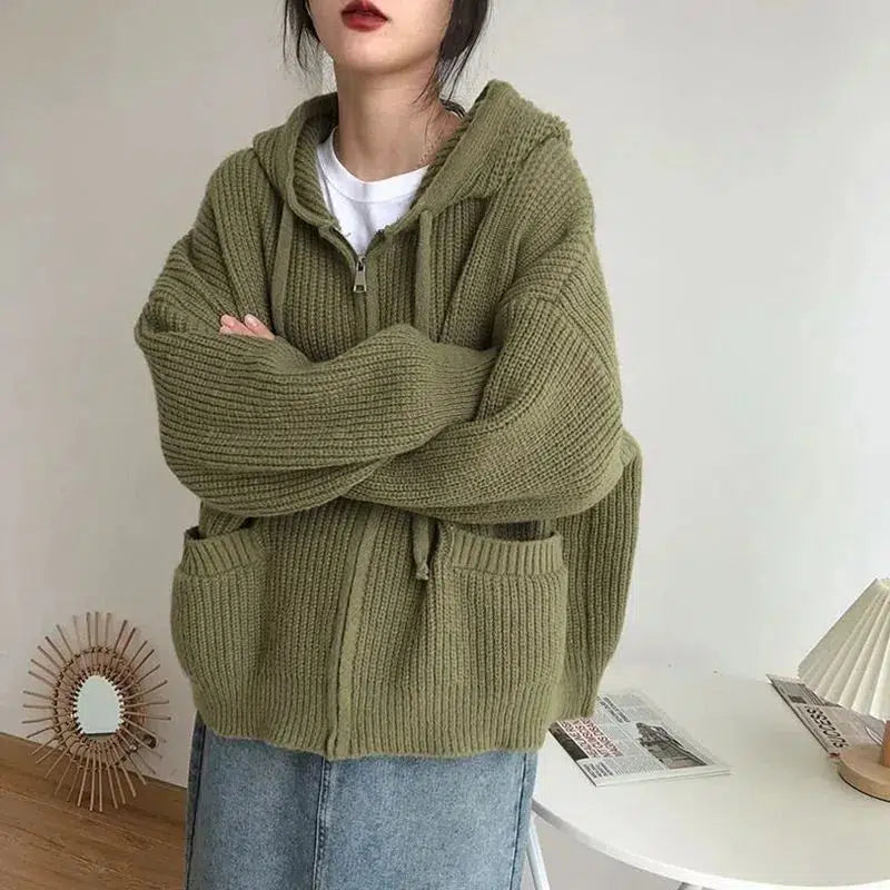 Y2K Retro Oversized Knitted Hooded Cardigan - Perfect for Grunge and 90s Fashion Outfits