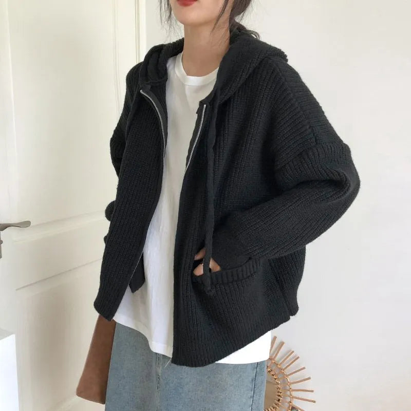 Y2K Retro Oversized Knitted Hooded Cardigan - Perfect for Grunge and 90s Fashion Outfits