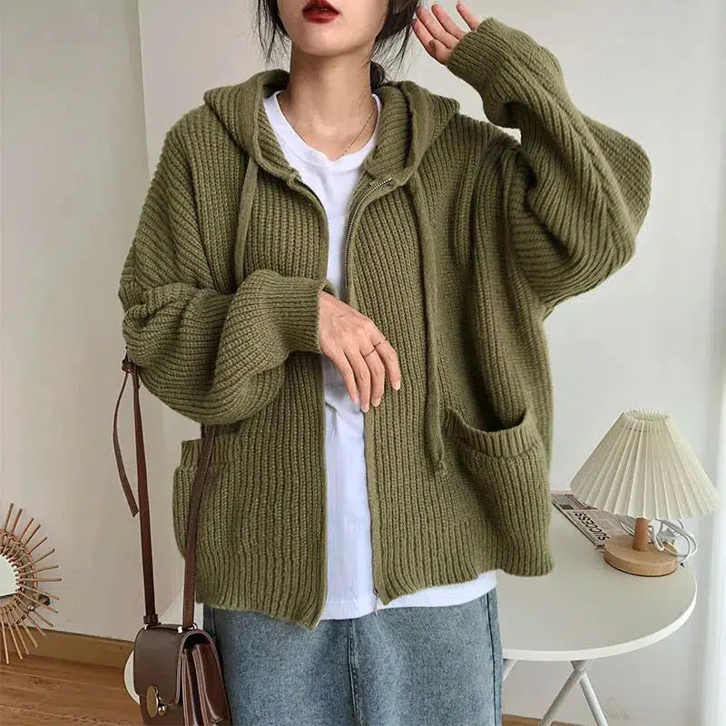 Y2K Retro Oversized Knitted Hooded Cardigan - Perfect for Grunge and 90s Fashion Outfits