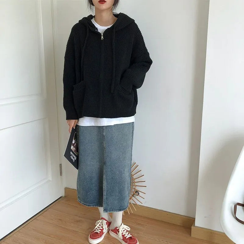 Y2K Retro Oversized Knitted Hooded Cardigan - Perfect for Grunge and 90s Fashion Outfits