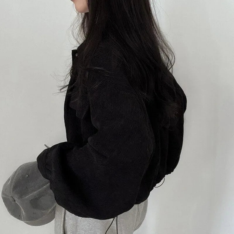 Y2K Retro Puff Sleeved Corduroy Crop Shirt - Perfect for 90s and Grunge Outfits