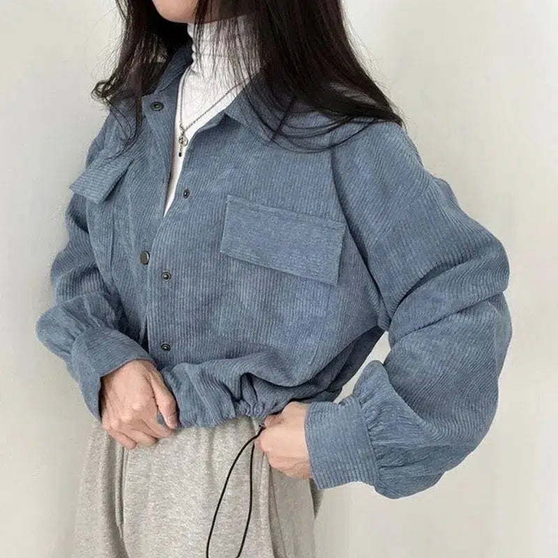 Y2K Retro Puff Sleeved Corduroy Crop Shirt - Perfect for 90s and Grunge Outfits