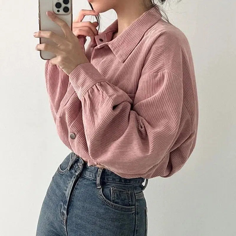 Y2K Retro Puff Sleeved Corduroy Crop Shirt - Perfect for 90s and Grunge Outfits