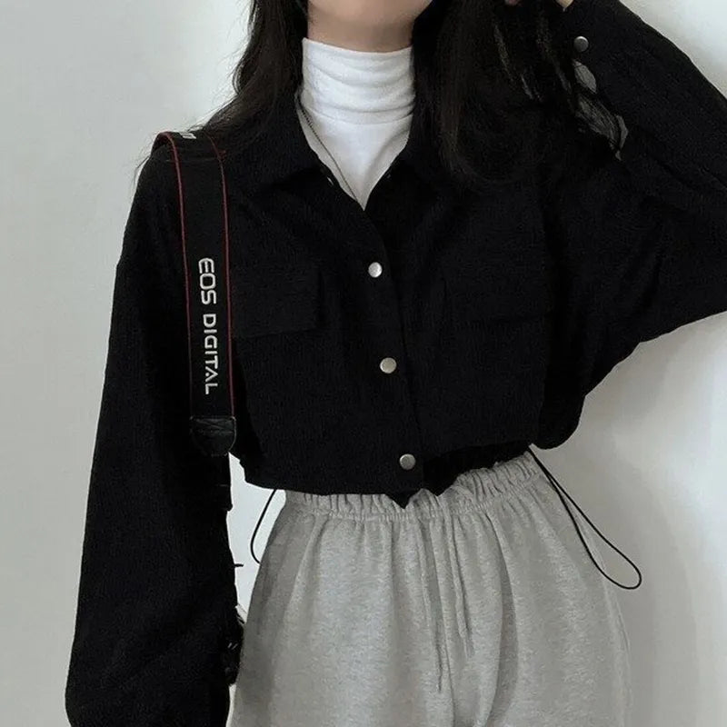 Y2K Retro Puff Sleeved Corduroy Crop Shirt - Perfect for 90s and Grunge Outfits