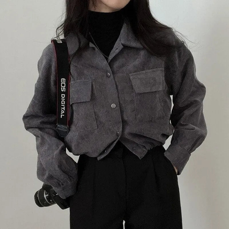 Y2K Retro Puff Sleeved Corduroy Crop Shirt - Perfect for 90s and Grunge Outfits
