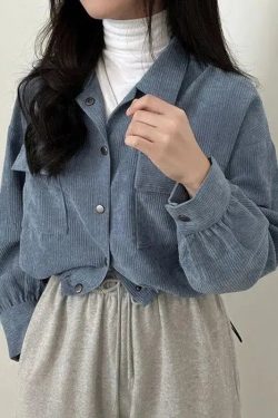 Y2K Retro Puff Sleeved Corduroy Crop Shirt - Perfect for 90s and Grunge Outfits