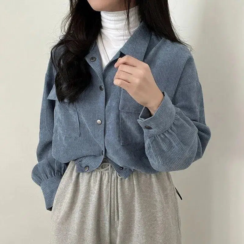 Y2K Retro Puff Sleeved Corduroy Crop Shirt - Perfect for 90s and Grunge Outfits