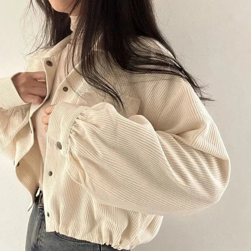 Y2K Retro Puff Sleeved Corduroy Crop Shirt - Perfect for 90s and Grunge Outfits