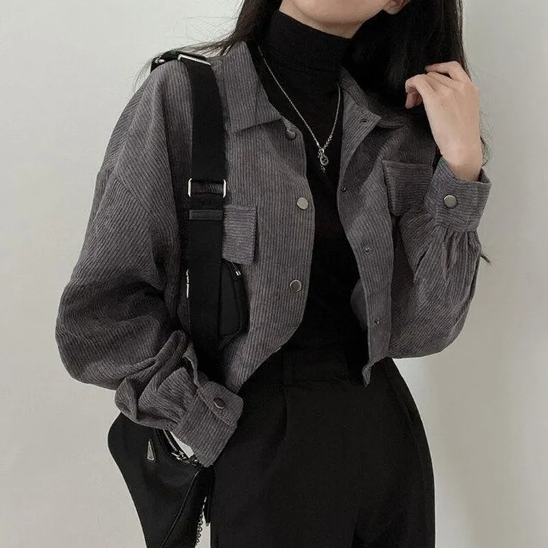 Y2K Retro Puff Sleeved Corduroy Crop Shirt - Perfect for 90s and Grunge Outfits