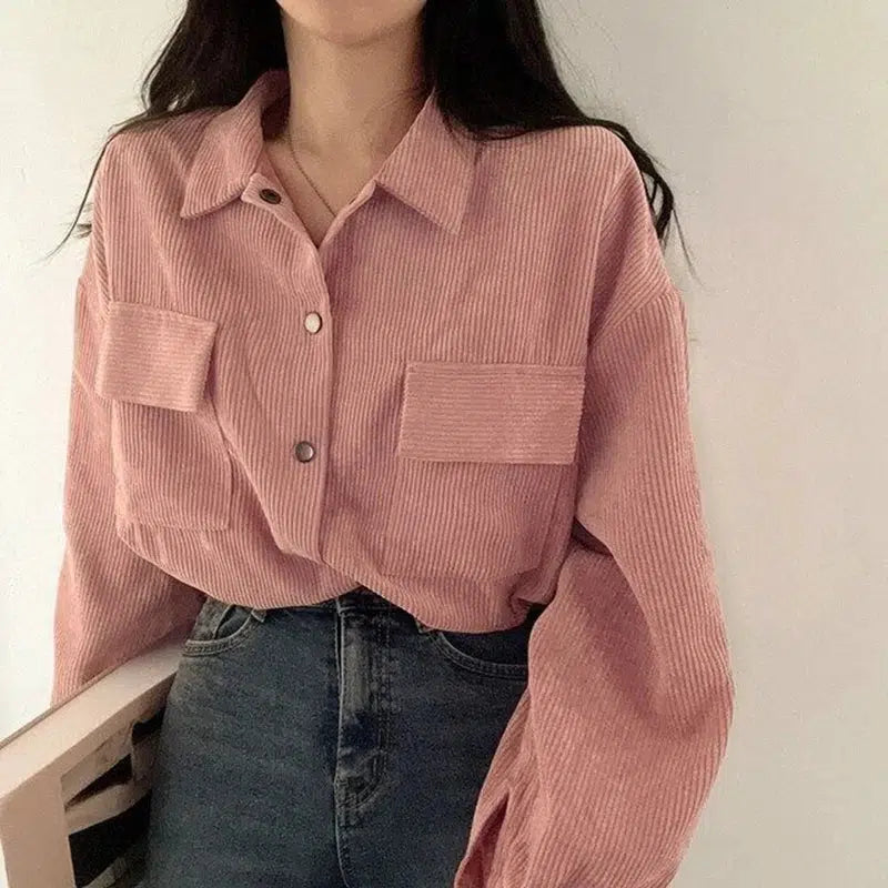 Y2K Retro Puff Sleeved Corduroy Crop Shirt - Perfect for 90s and Grunge Outfits
