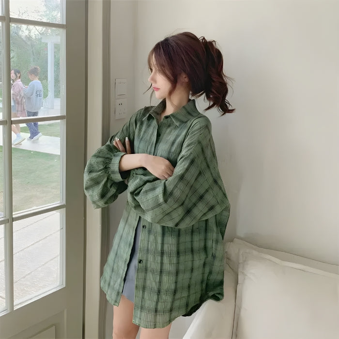 Y2K Retro Puff Sleeved Plaid Shirt - Perfect for 90s and Grunge Outfits
