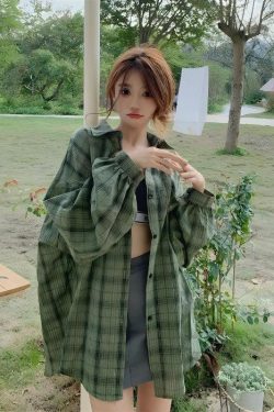 Y2K Retro Puff Sleeved Plaid Shirt - Perfect for 90s and Grunge Outfits