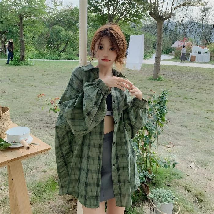 Y2K Retro Puff Sleeved Plaid Shirt - Perfect for 90s and Grunge Outfits