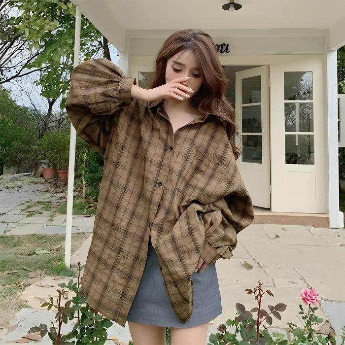Y2K Retro Puff Sleeved Plaid Shirt - Perfect for 90s and Grunge Outfits