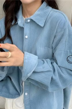 Y2K Retro Smiley Embroidered Corduroy Shirt - Perfect for 90s and Y2K Fashion Outfits