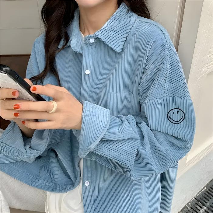 Y2K Retro Smiley Embroidered Corduroy Shirt - Perfect for 90s and Y2K Fashion Outfits