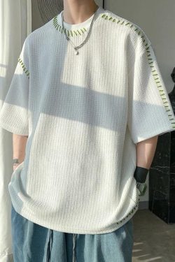 Y2K Retro Soft Boy Contrast Stitch Tee - Perfect for 90s and Grunge Outfits