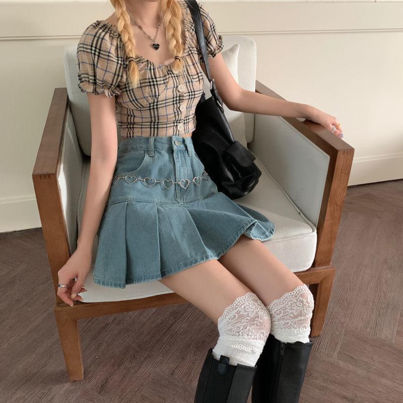 Y2K Retro Soft Girl Pleated Denim Mini Skirt - Perfect for 90s and Y2K Summer Outfits