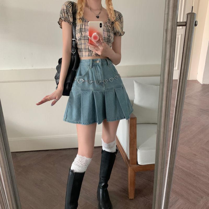 Y2K Retro Soft Girl Pleated Denim Mini Skirt - Perfect for 90s and Y2K Summer Outfits