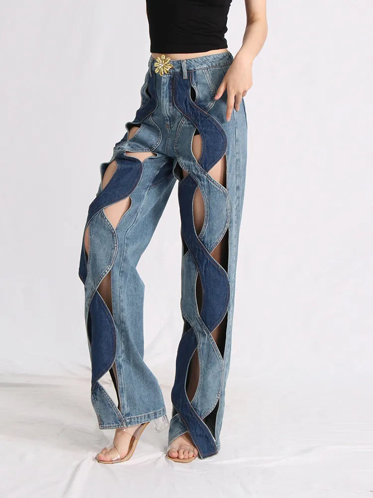 Y2K Retro Style Cut Out Denim Jeans - Perfect for 90s and Grunge Outfits