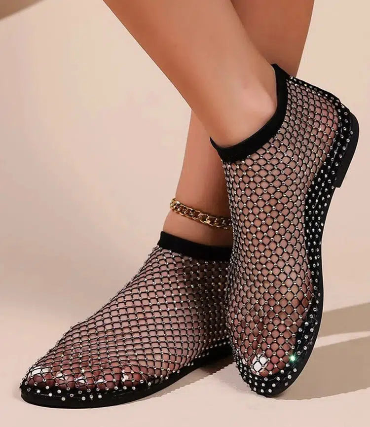 Y2K Rhinestone Fishnet Ballerina Flats - Retro Style Y2K Shoes for Trendy Outfits